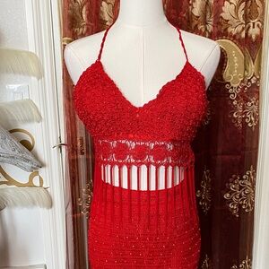 2 Piece Red Fringe Lace Top and Skirt Set NWT